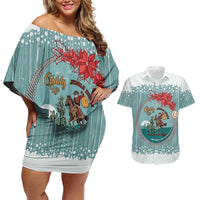 Cowboy Christmas Couples Matching Off Shoulder Short Dress and Hawaiian Shirt Giddy Up Jingle Horse Green Version - Wonder Print Shop