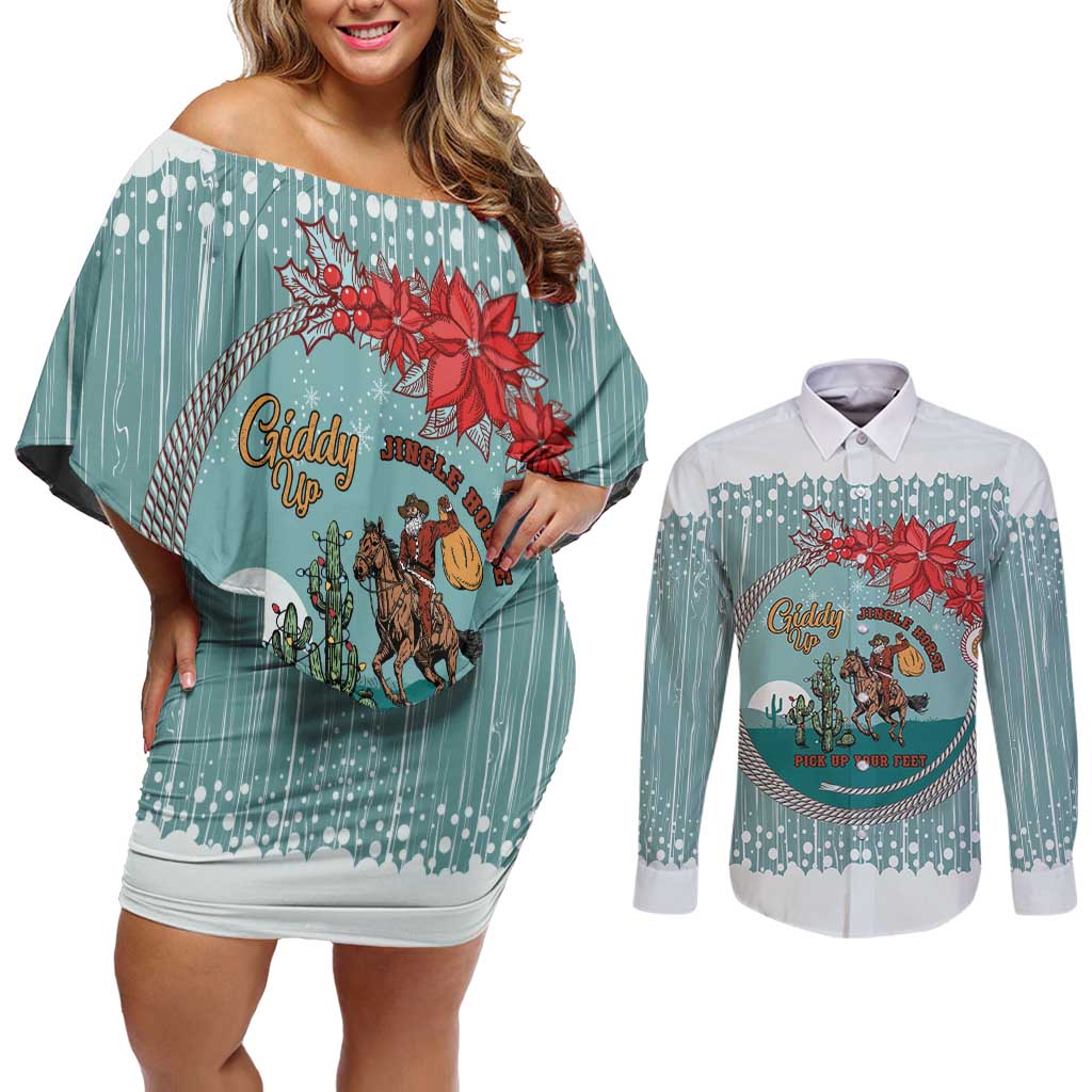 Cowboy Christmas Couples Matching Off Shoulder Short Dress and Long Sleeve Button Shirt Giddy Up Jingle Horse Green Version - Wonder Print Shop