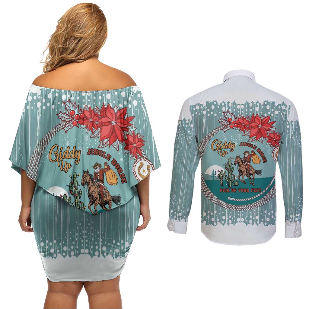 Cowboy Christmas Couples Matching Off Shoulder Short Dress and Long Sleeve Button Shirt Giddy Up Jingle Horse Green Version - Wonder Print Shop