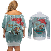 Cowboy Christmas Couples Matching Off Shoulder Short Dress and Long Sleeve Button Shirt Giddy Up Jingle Horse Green Version - Wonder Print Shop