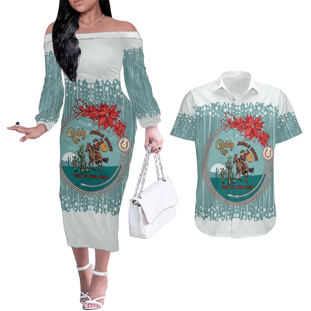 Cowboy Christmas Couples Matching Off The Shoulder Long Sleeve Dress and Hawaiian Shirt Giddy Up Jingle Horse Green Version - Wonder Print Shop