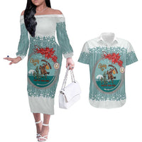 Cowboy Christmas Couples Matching Off The Shoulder Long Sleeve Dress and Hawaiian Shirt Giddy Up Jingle Horse Green Version - Wonder Print Shop