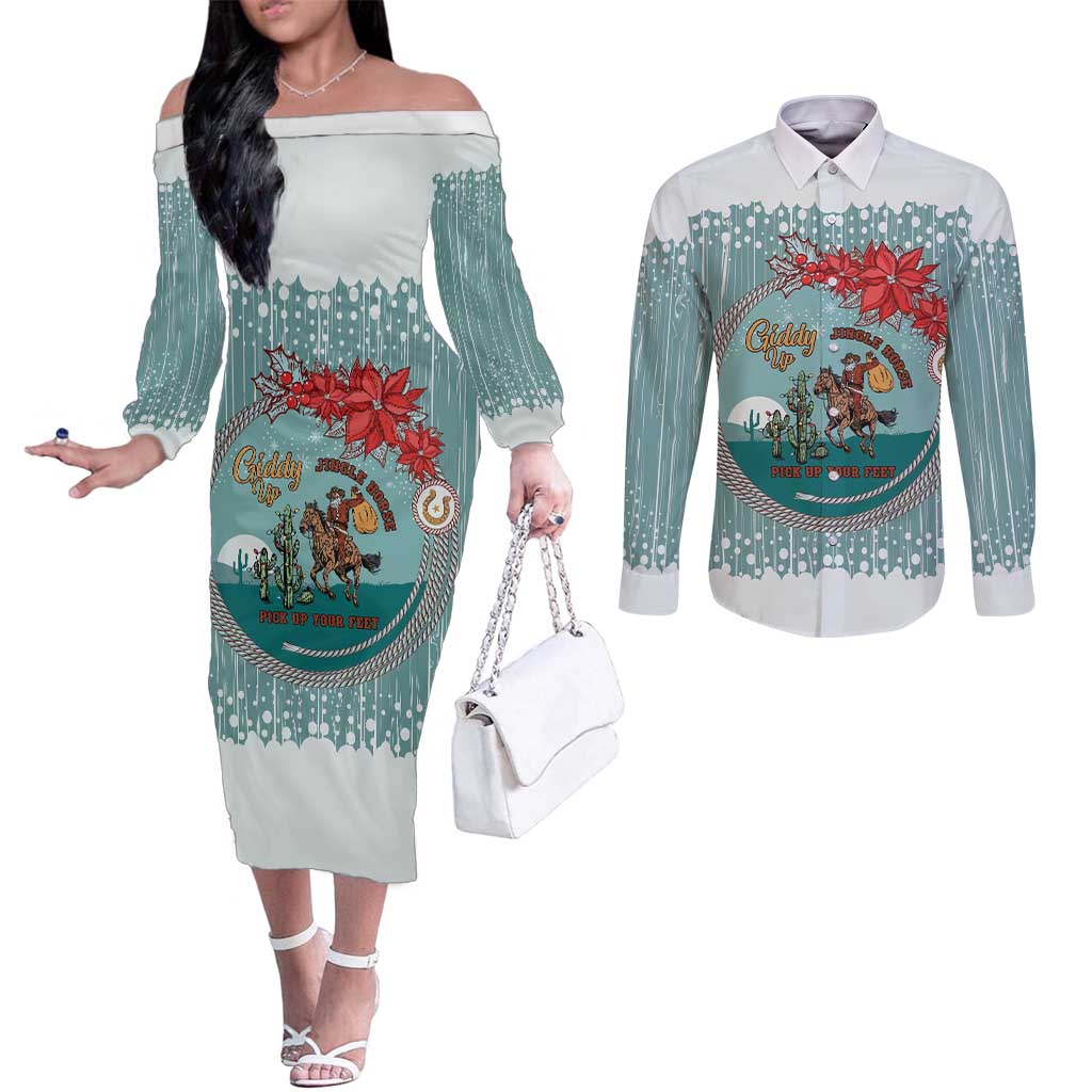 Cowboy Christmas Couples Matching Off The Shoulder Long Sleeve Dress and Long Sleeve Button Shirt Giddy Up Jingle Horse Green Version - Wonder Print Shop