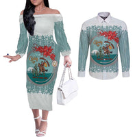 Cowboy Christmas Couples Matching Off The Shoulder Long Sleeve Dress and Long Sleeve Button Shirt Giddy Up Jingle Horse Green Version - Wonder Print Shop