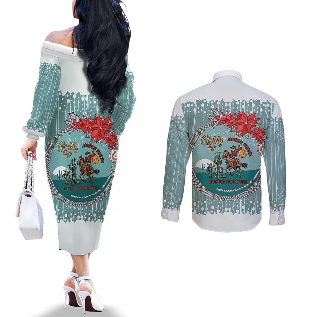 Cowboy Christmas Couples Matching Off The Shoulder Long Sleeve Dress and Long Sleeve Button Shirt Giddy Up Jingle Horse Green Version - Wonder Print Shop