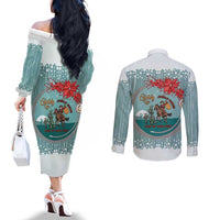 Cowboy Christmas Couples Matching Off The Shoulder Long Sleeve Dress and Long Sleeve Button Shirt Giddy Up Jingle Horse Green Version - Wonder Print Shop