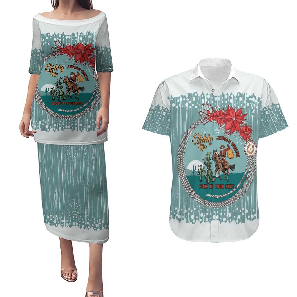 Cowboy Christmas Couples Matching Puletasi and Hawaiian Shirt Giddy Up Jingle Horse Green Version - Wonder Print Shop