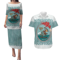 Cowboy Christmas Couples Matching Puletasi and Hawaiian Shirt Giddy Up Jingle Horse Green Version - Wonder Print Shop