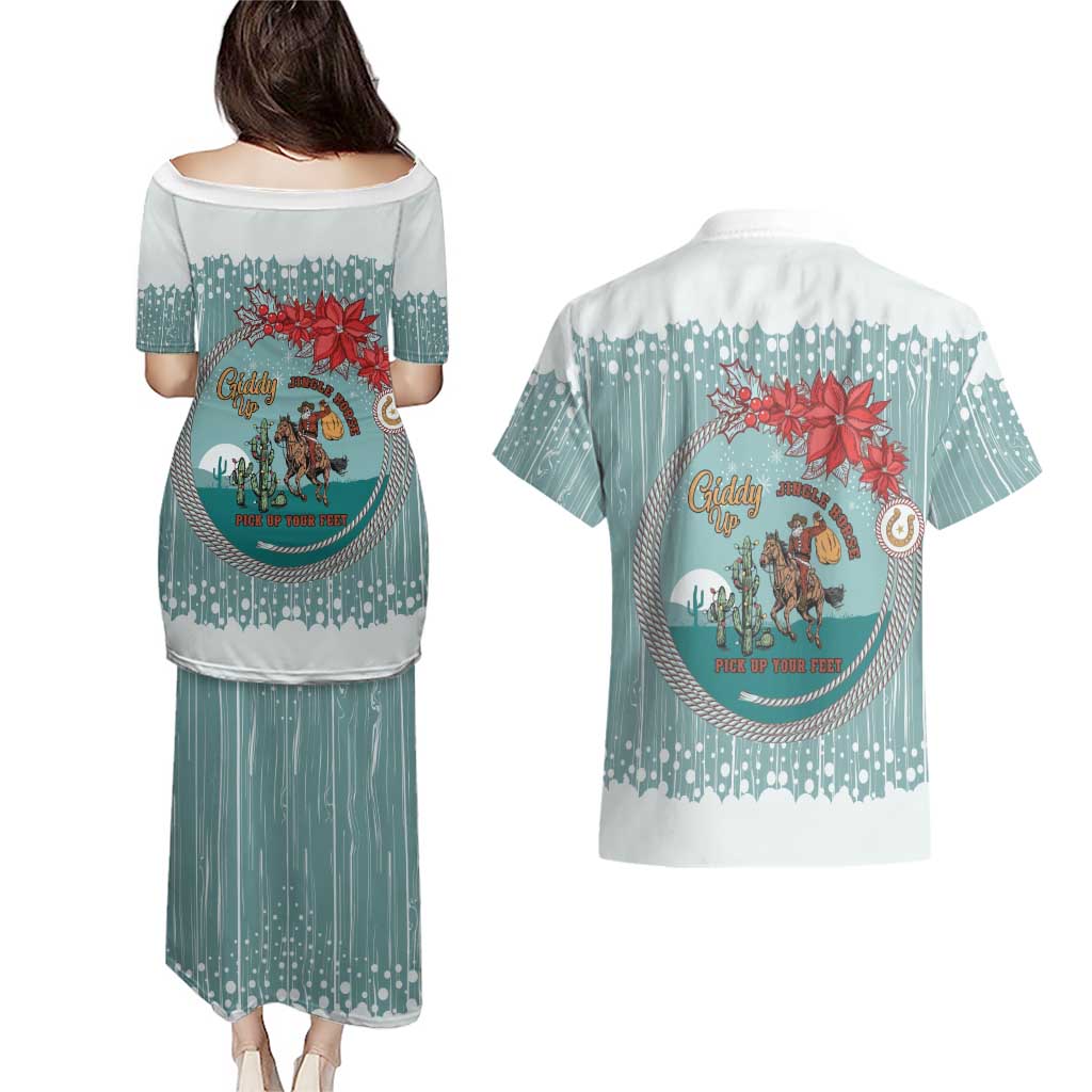 Cowboy Christmas Couples Matching Puletasi and Hawaiian Shirt Giddy Up Jingle Horse Green Version - Wonder Print Shop