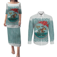 Cowboy Christmas Couples Matching Puletasi and Long Sleeve Button Shirt Giddy Up Jingle Horse Green Version - Wonder Print Shop