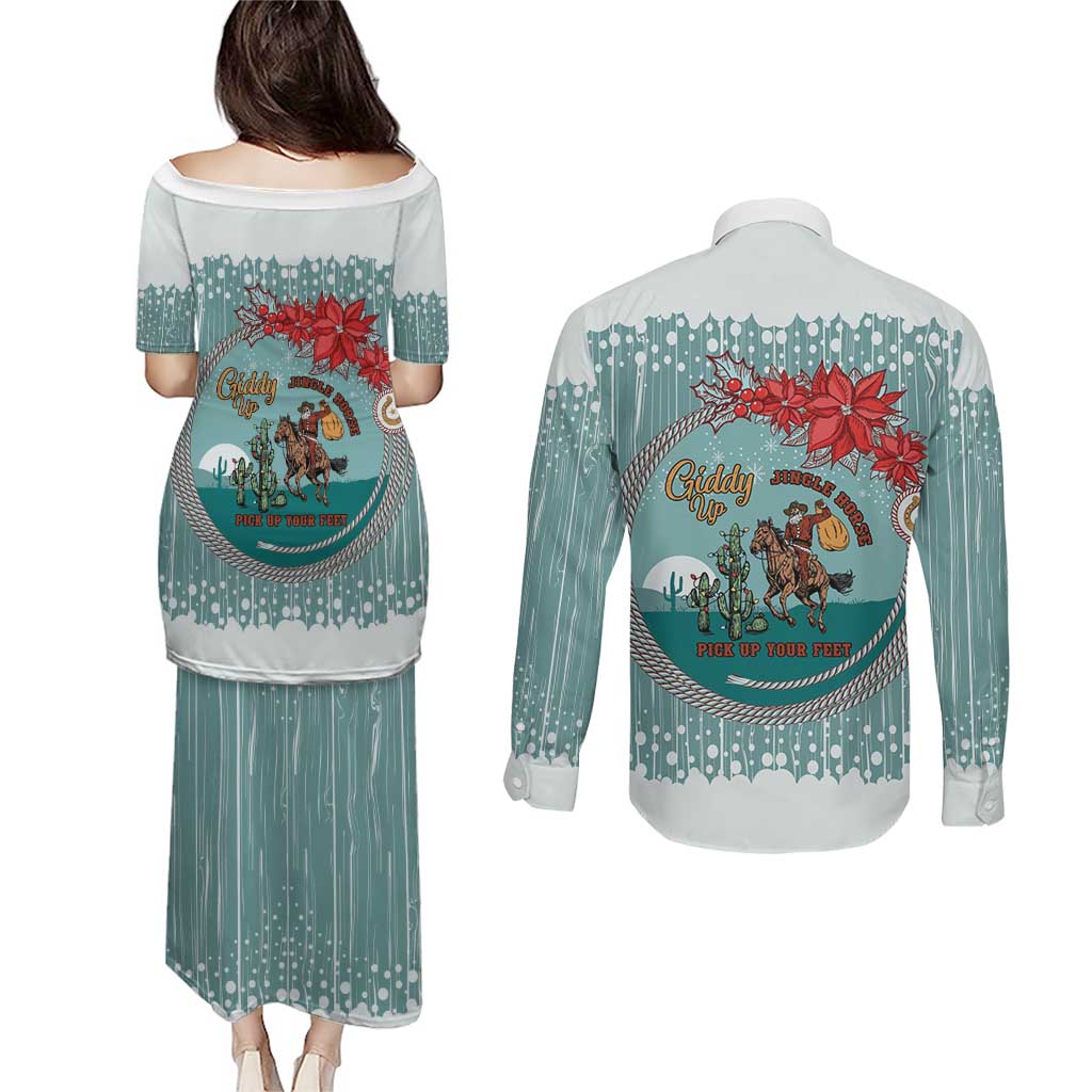 Cowboy Christmas Couples Matching Puletasi and Long Sleeve Button Shirt Giddy Up Jingle Horse Green Version - Wonder Print Shop