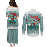 Cowboy Christmas Couples Matching Puletasi and Long Sleeve Button Shirt Giddy Up Jingle Horse Green Version - Wonder Print Shop