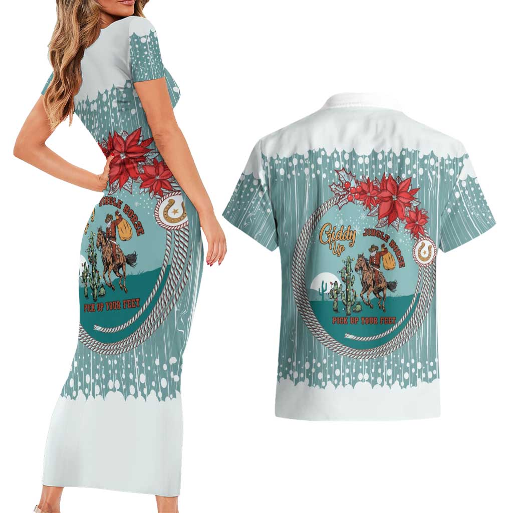 Cowboy Christmas Couples Matching Short Sleeve Bodycon Dress and Hawaiian Shirt Giddy Up Jingle Horse Green Version - Wonder Print Shop