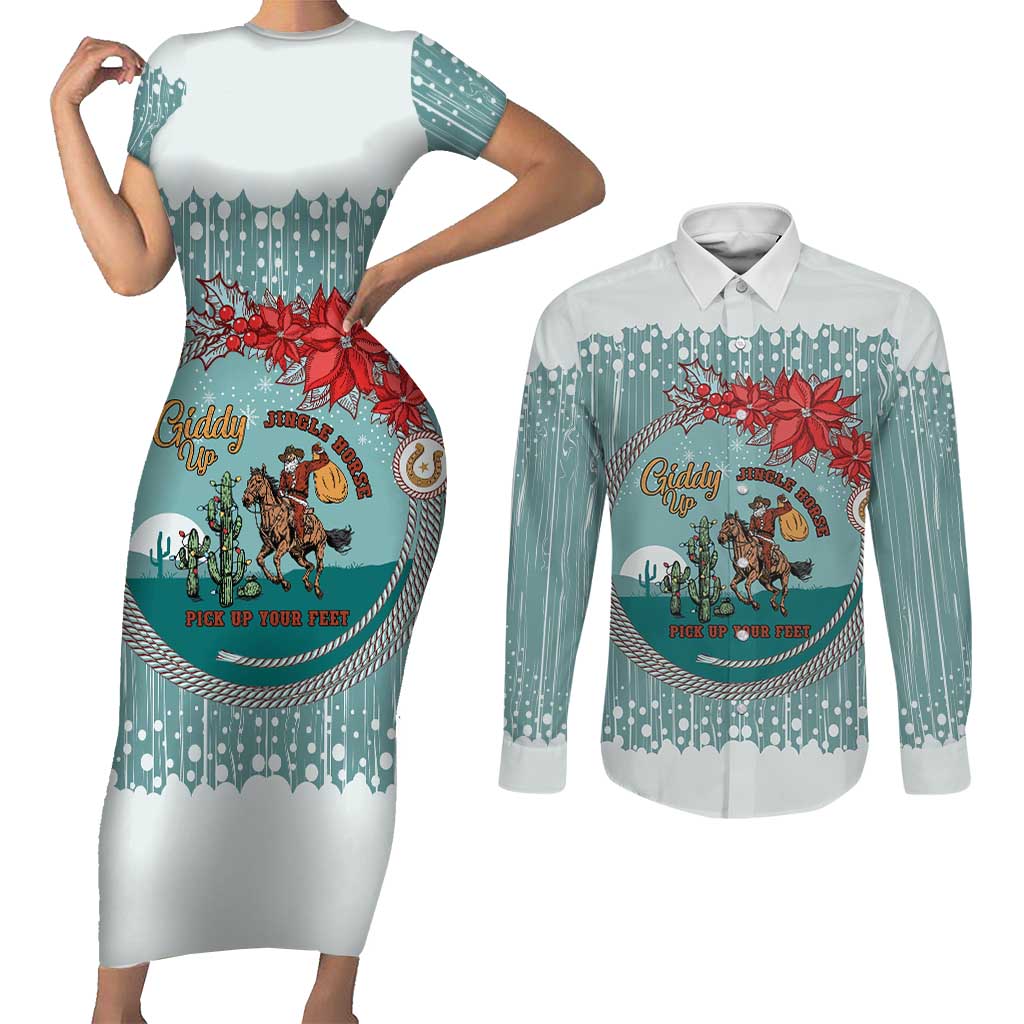 Cowboy Christmas Couples Matching Short Sleeve Bodycon Dress and Long Sleeve Button Shirt Giddy Up Jingle Horse Green Version - Wonder Print Shop