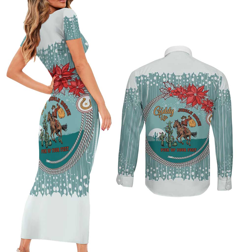 Cowboy Christmas Couples Matching Short Sleeve Bodycon Dress and Long Sleeve Button Shirt Giddy Up Jingle Horse Green Version - Wonder Print Shop
