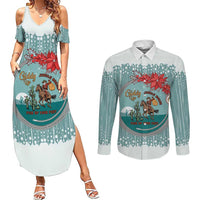 Cowboy Christmas Couples Matching Summer Maxi Dress and Long Sleeve Button Shirt Giddy Up Jingle Horse Green Version - Wonder Print Shop