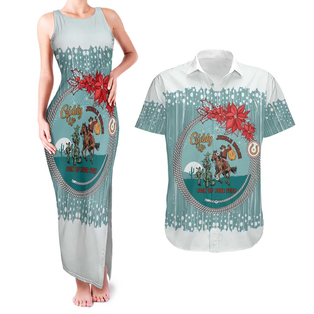 Cowboy Christmas Couples Matching Tank Maxi Dress and Hawaiian Shirt Giddy Up Jingle Horse Green Version - Wonder Print Shop