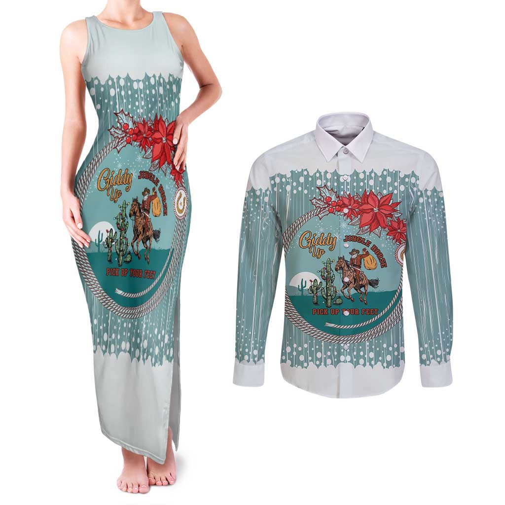Cowboy Christmas Couples Matching Tank Maxi Dress and Long Sleeve Button Shirt Giddy Up Jingle Horse Green Version - Wonder Print Shop