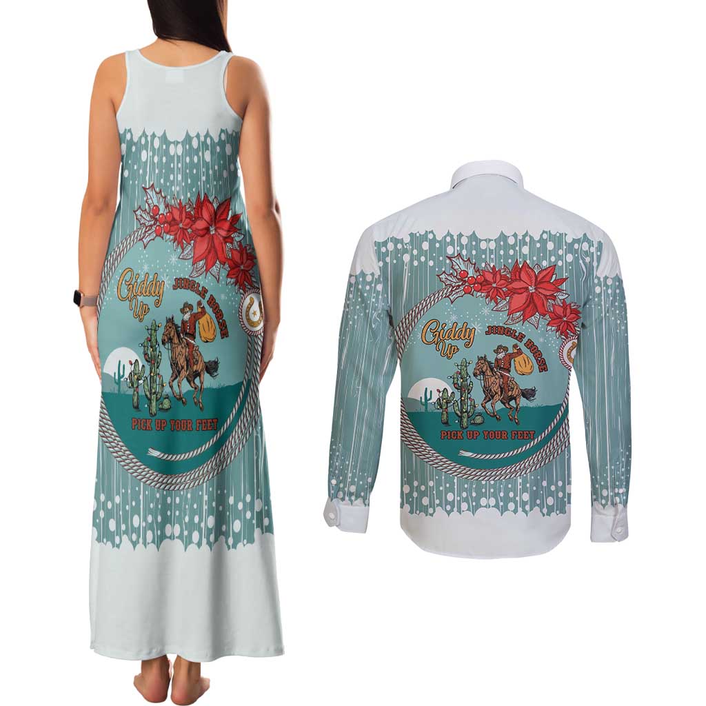 Cowboy Christmas Couples Matching Tank Maxi Dress and Long Sleeve Button Shirt Giddy Up Jingle Horse Green Version - Wonder Print Shop