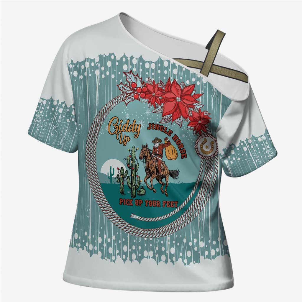 Cowboy Christmas Cross Shoulder Shirt Giddy Up Jingle Horse Green Version - Wonder Print Shop