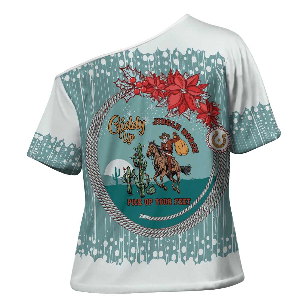 Cowboy Christmas Cross Shoulder Shirt Giddy Up Jingle Horse Green Version - Wonder Print Shop