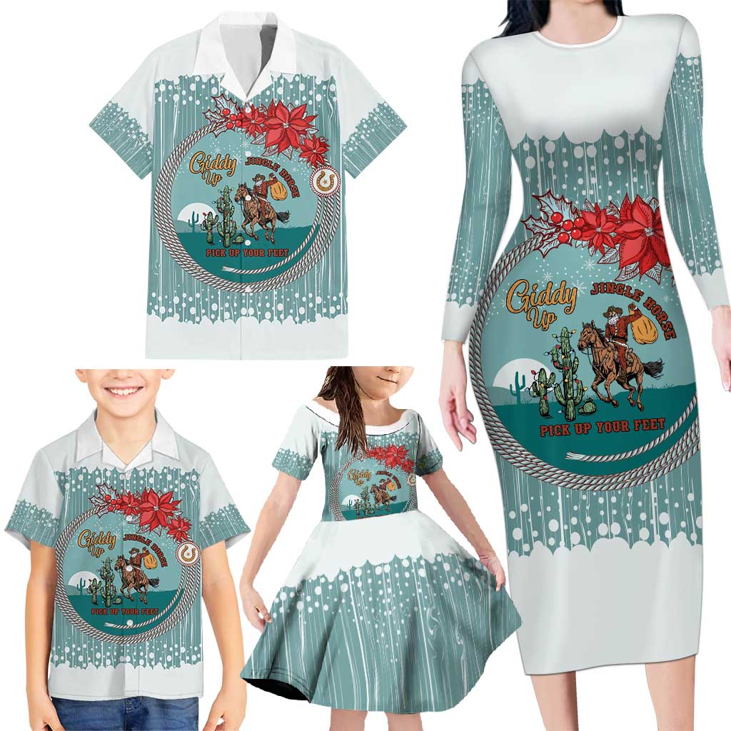Cowboy Christmas Family Matching Long Sleeve Bodycon Dress and Hawaiian Shirt Giddy Up Jingle Horse Green Version - Wonder Print Shop