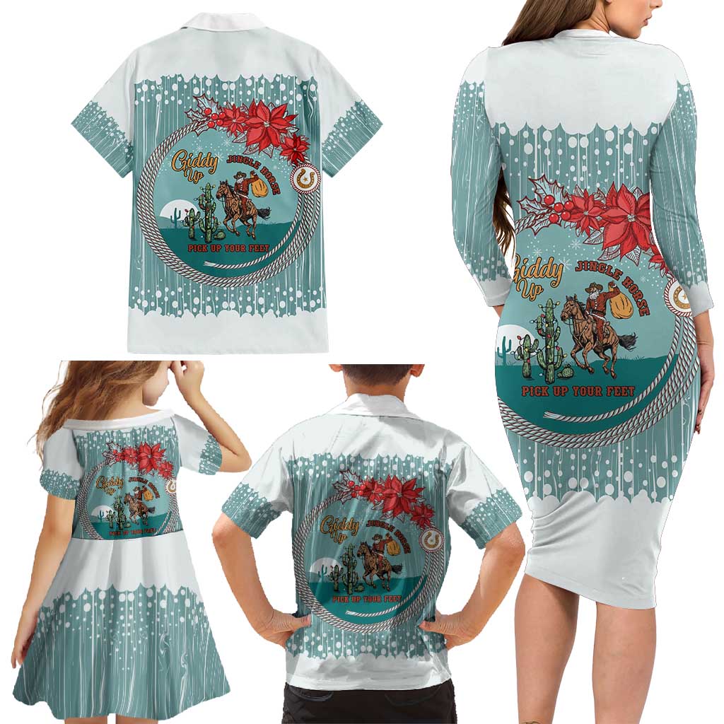 Cowboy Christmas Family Matching Long Sleeve Bodycon Dress and Hawaiian Shirt Giddy Up Jingle Horse Green Version - Wonder Print Shop