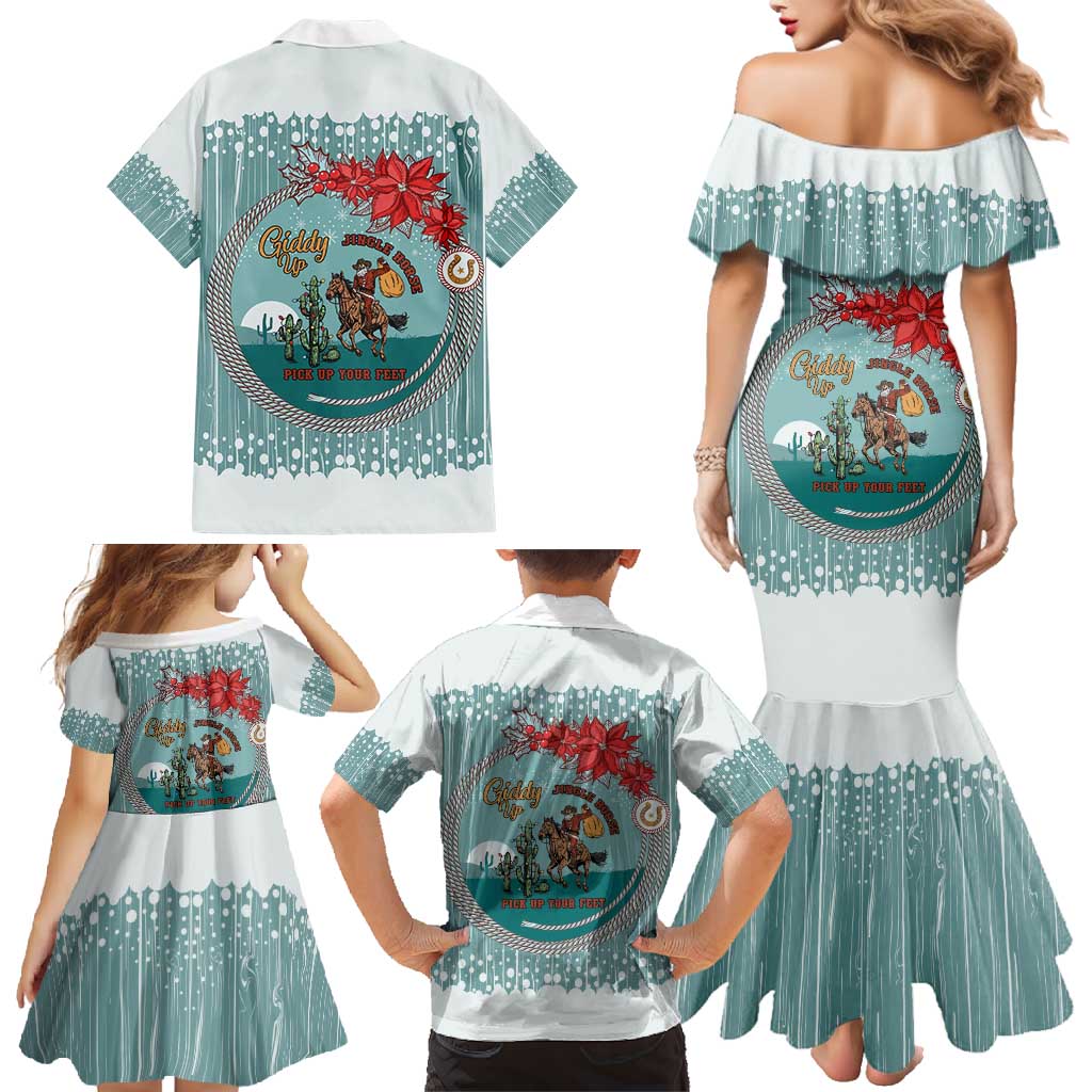 Cowboy Christmas Family Matching Mermaid Dress and Hawaiian Shirt Giddy Up Jingle Horse Green Version - Wonder Print Shop