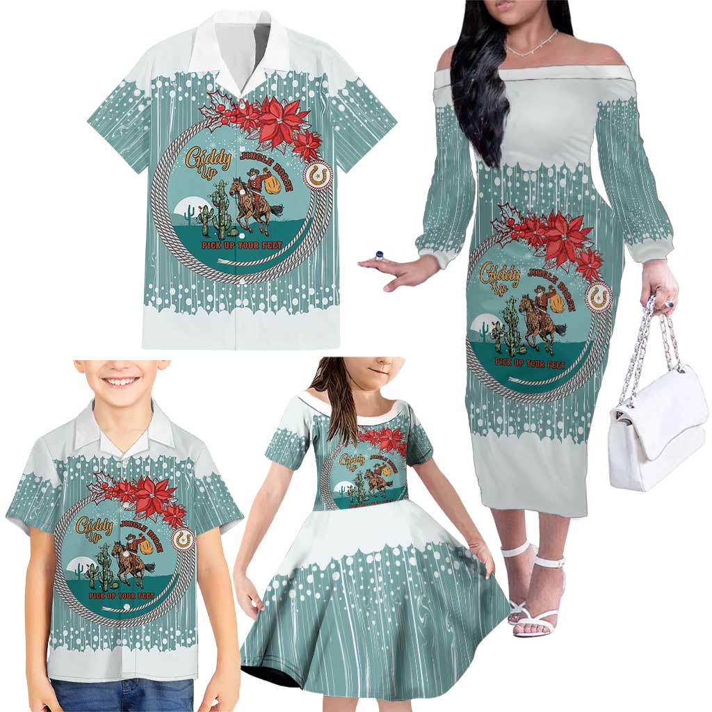 Cowboy Christmas Family Matching Off The Shoulder Long Sleeve Dress and Hawaiian Shirt Giddy Up Jingle Horse Green Version - Wonder Print Shop