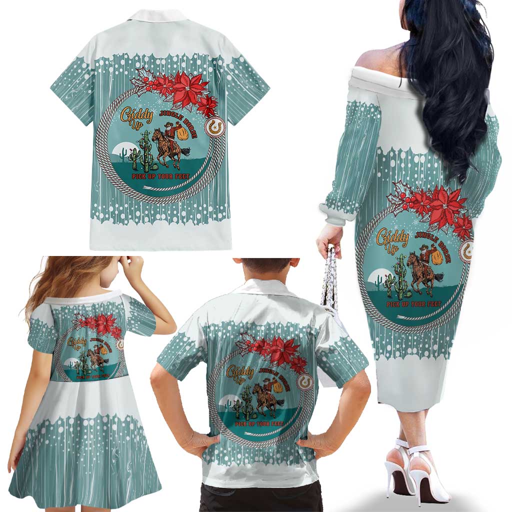 Cowboy Christmas Family Matching Off The Shoulder Long Sleeve Dress and Hawaiian Shirt Giddy Up Jingle Horse Green Version - Wonder Print Shop