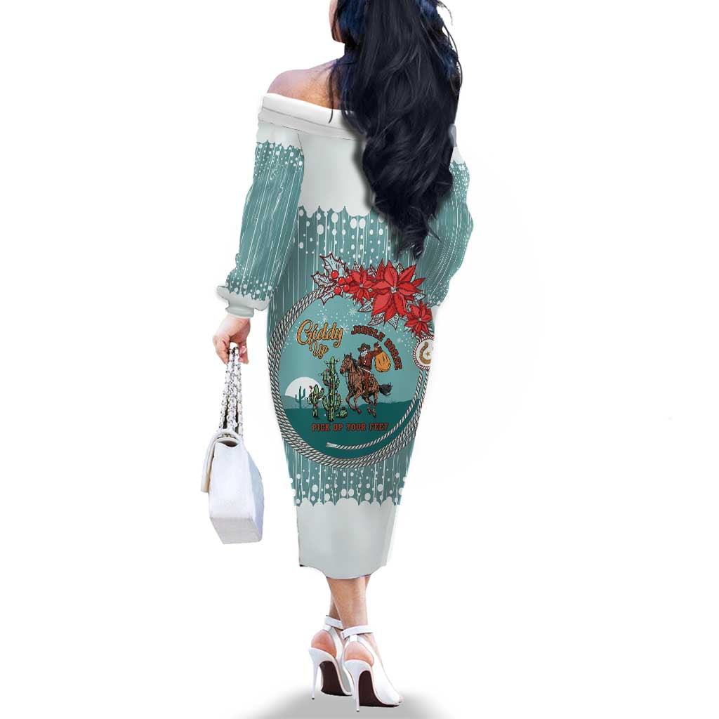 Cowboy Christmas Family Matching Off The Shoulder Long Sleeve Dress and Hawaiian Shirt Giddy Up Jingle Horse Green Version - Wonder Print Shop