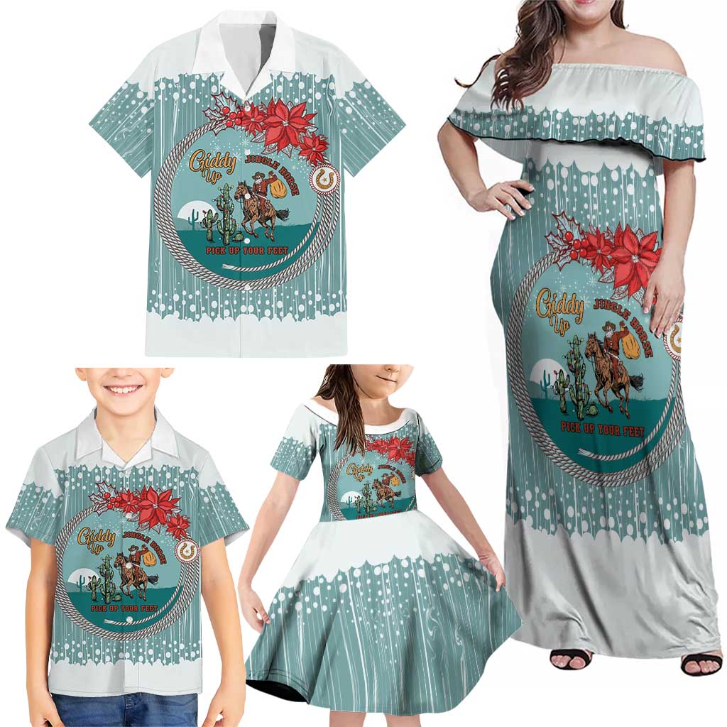 Cowboy Christmas Family Matching Off Shoulder Maxi Dress and Hawaiian Shirt Giddy Up Jingle Horse Green Version - Wonder Print Shop