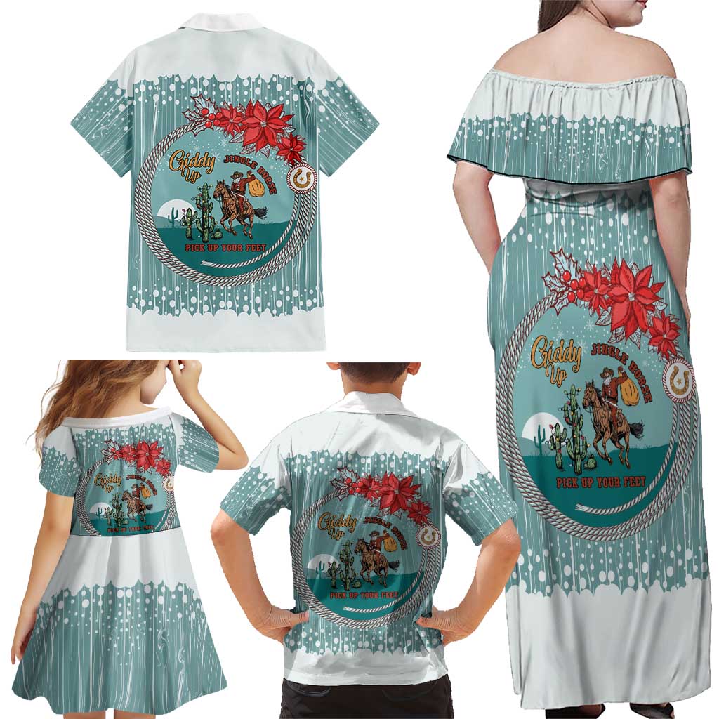 Cowboy Christmas Family Matching Off Shoulder Maxi Dress and Hawaiian Shirt Giddy Up Jingle Horse Green Version - Wonder Print Shop