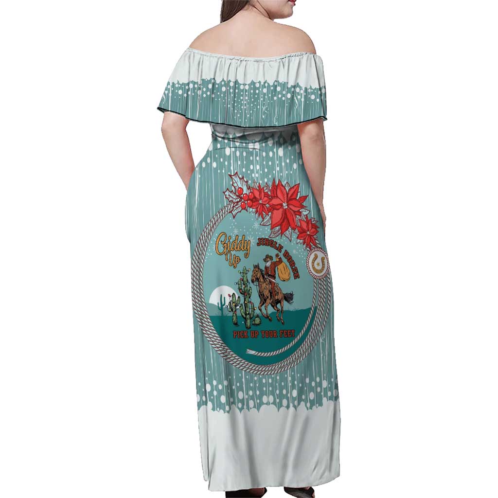 Cowboy Christmas Family Matching Off Shoulder Maxi Dress and Hawaiian Shirt Giddy Up Jingle Horse Green Version - Wonder Print Shop