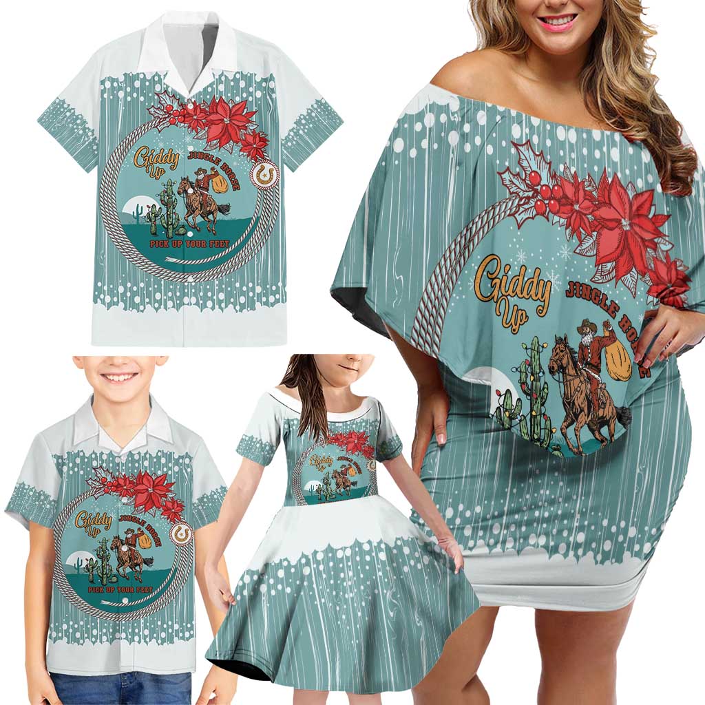 Cowboy Christmas Family Matching Off Shoulder Short Dress and Hawaiian Shirt Giddy Up Jingle Horse Green Version - Wonder Print Shop