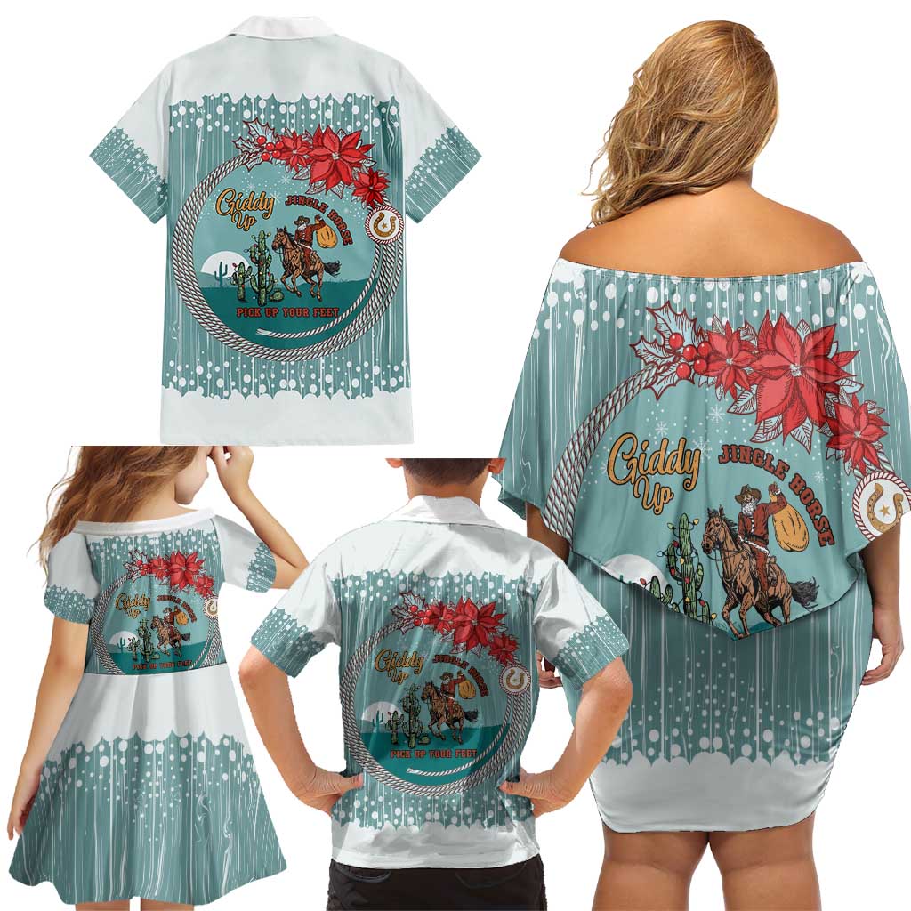 Cowboy Christmas Family Matching Off Shoulder Short Dress and Hawaiian Shirt Giddy Up Jingle Horse Green Version - Wonder Print Shop