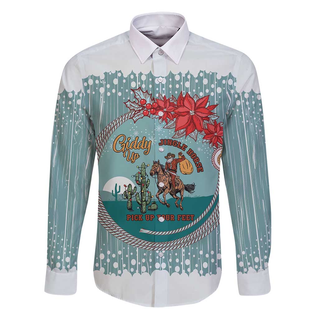 Cowboy Christmas Family Matching Off Shoulder Short Dress and Hawaiian Shirt Giddy Up Jingle Horse Green Version - Wonder Print Shop