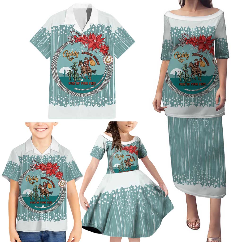 Cowboy Christmas Family Matching Puletasi and Hawaiian Shirt Giddy Up Jingle Horse Green Version - Wonder Print Shop