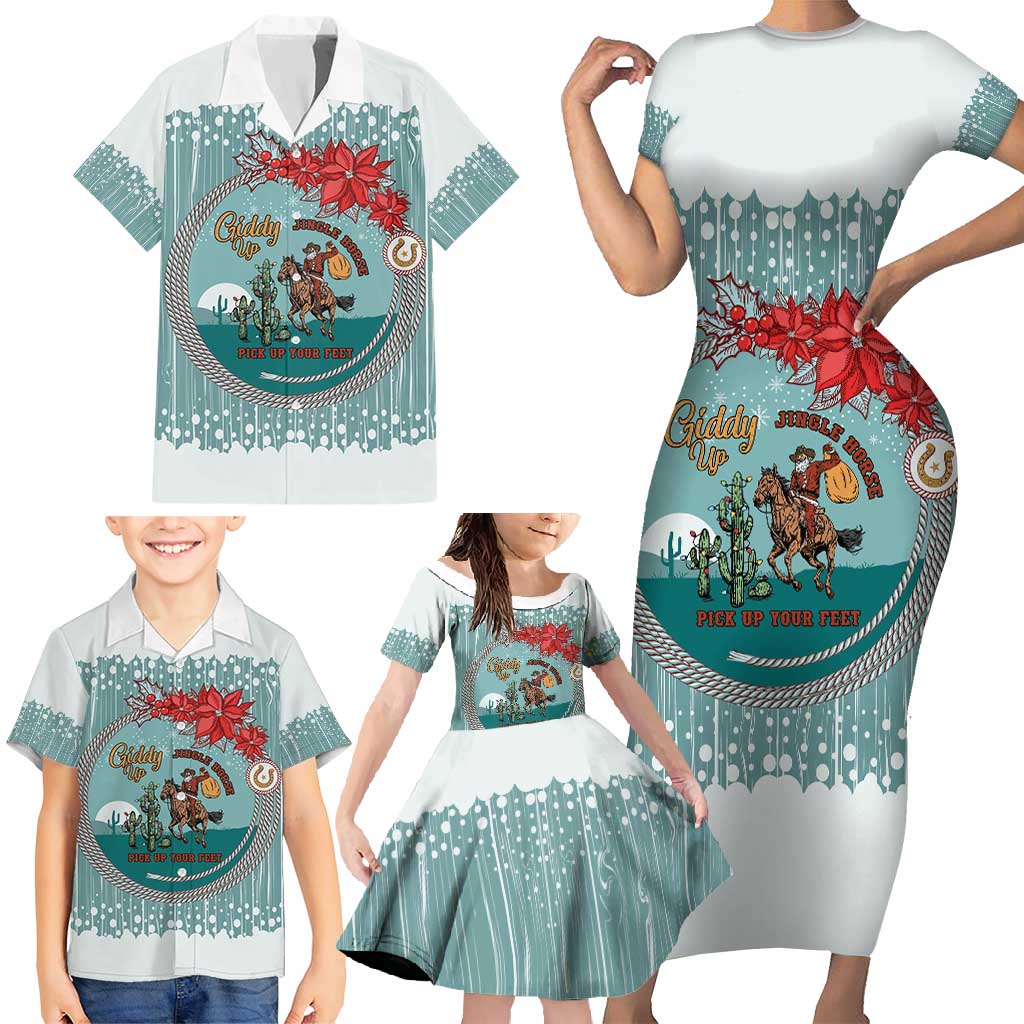 Cowboy Christmas Family Matching Short Sleeve Bodycon Dress and Hawaiian Shirt Giddy Up Jingle Horse Green Version - Wonder Print Shop