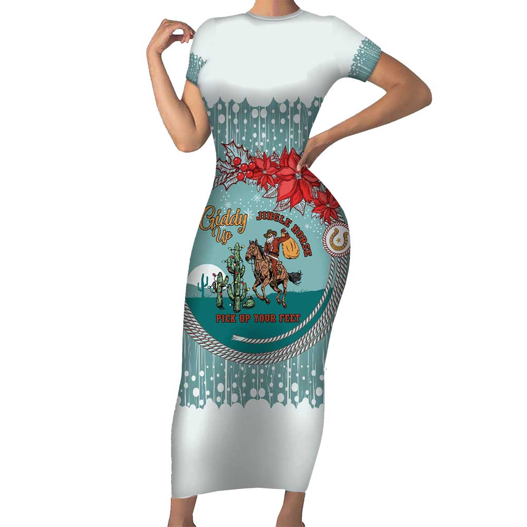 Cowboy Christmas Family Matching Short Sleeve Bodycon Dress and Hawaiian Shirt Giddy Up Jingle Horse Green Version - Wonder Print Shop