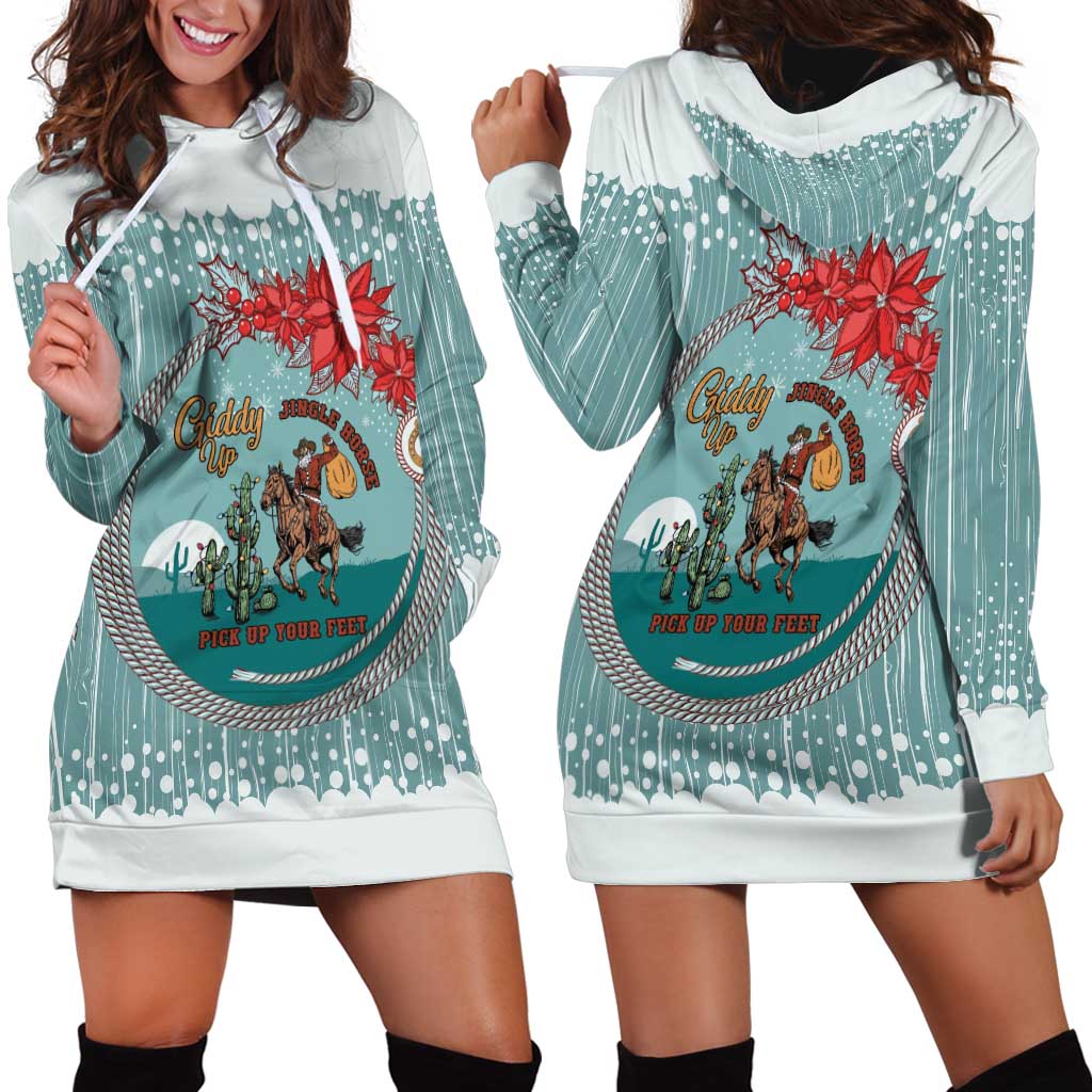 Cowboy Christmas Hoodie Dress Giddy Up Jingle Horse Green Version - Wonder Print Shop
