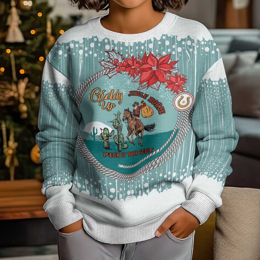 Cowboy Christmas Kid Ugly Christmas Sweater Giddy Up Jingle Horse Green Version - Wonder Print Shop