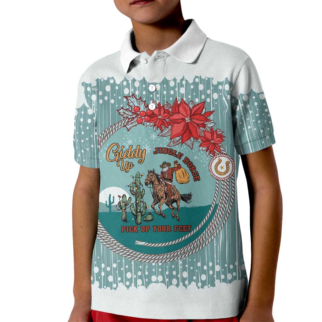 Cowboy Christmas Kid Polo Shirt Giddy Up Jingle Horse Green Version - Wonder Print Shop