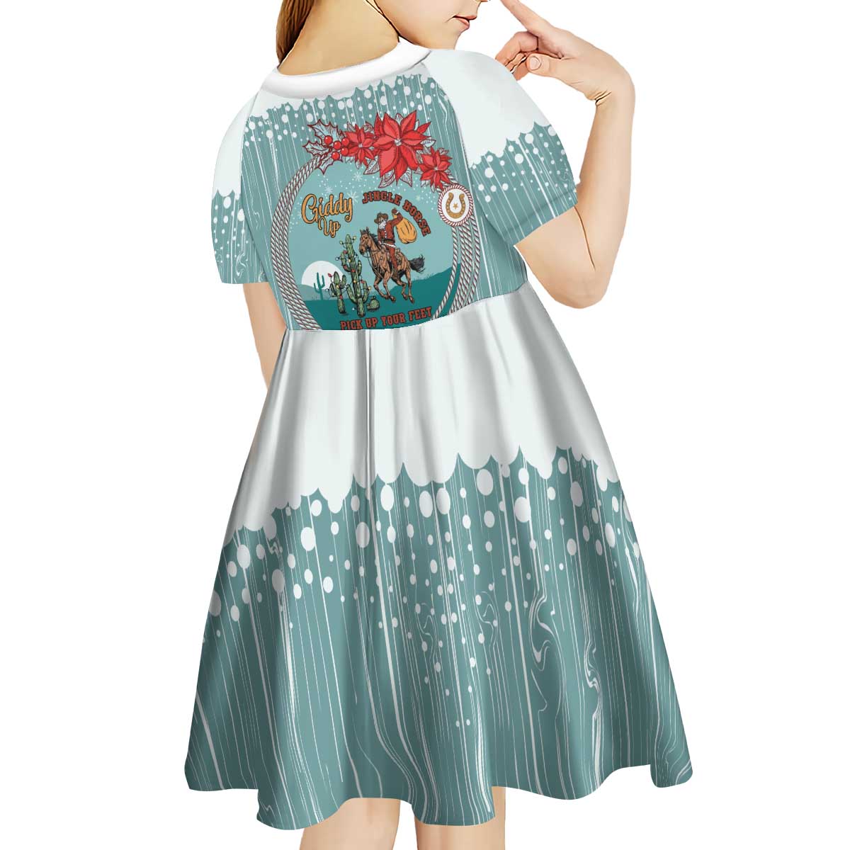 Cowboy Christmas Kid Short Sleeve Dress Giddy Up Jingle Horse Green Version - Wonder Print Shop