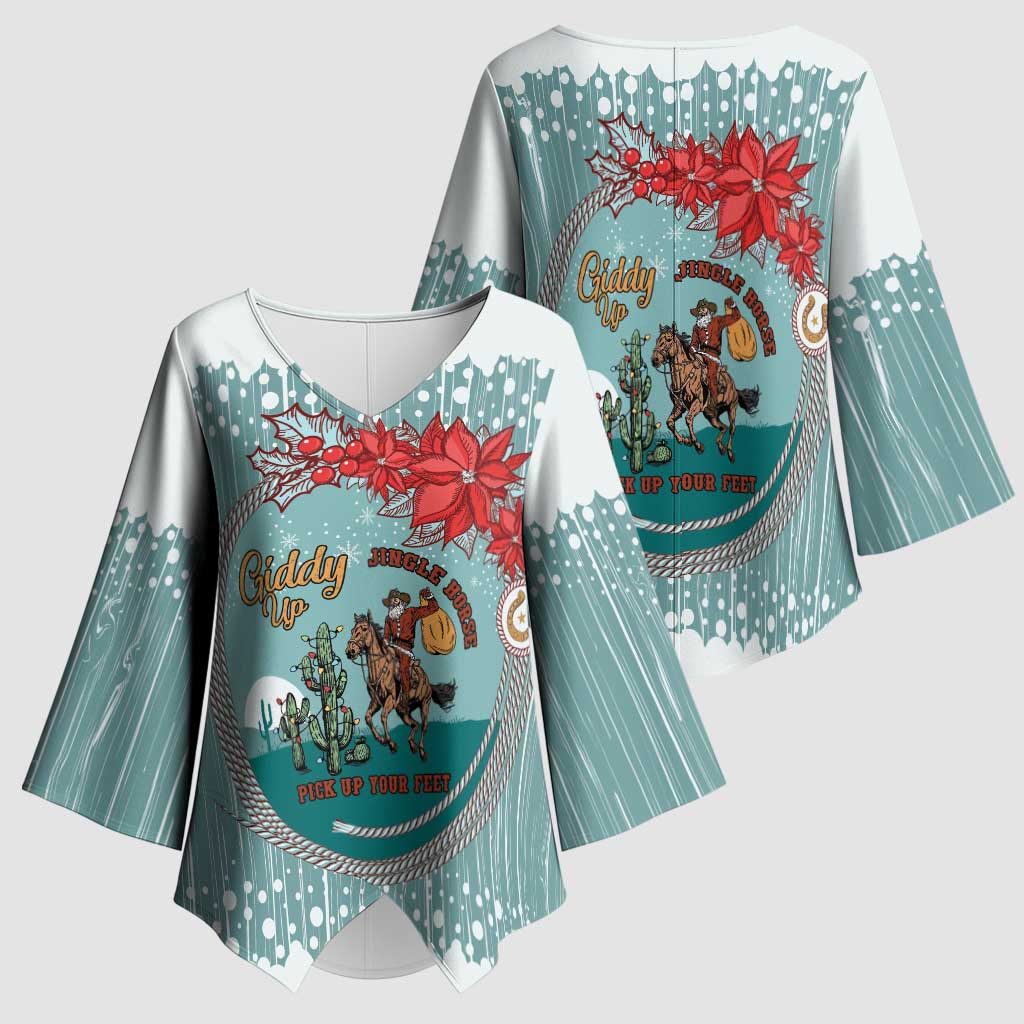 Cowboy Christmas Kimono Sleeve Blouse Giddy Up Jingle Horse Green Version - Wonder Print Shop