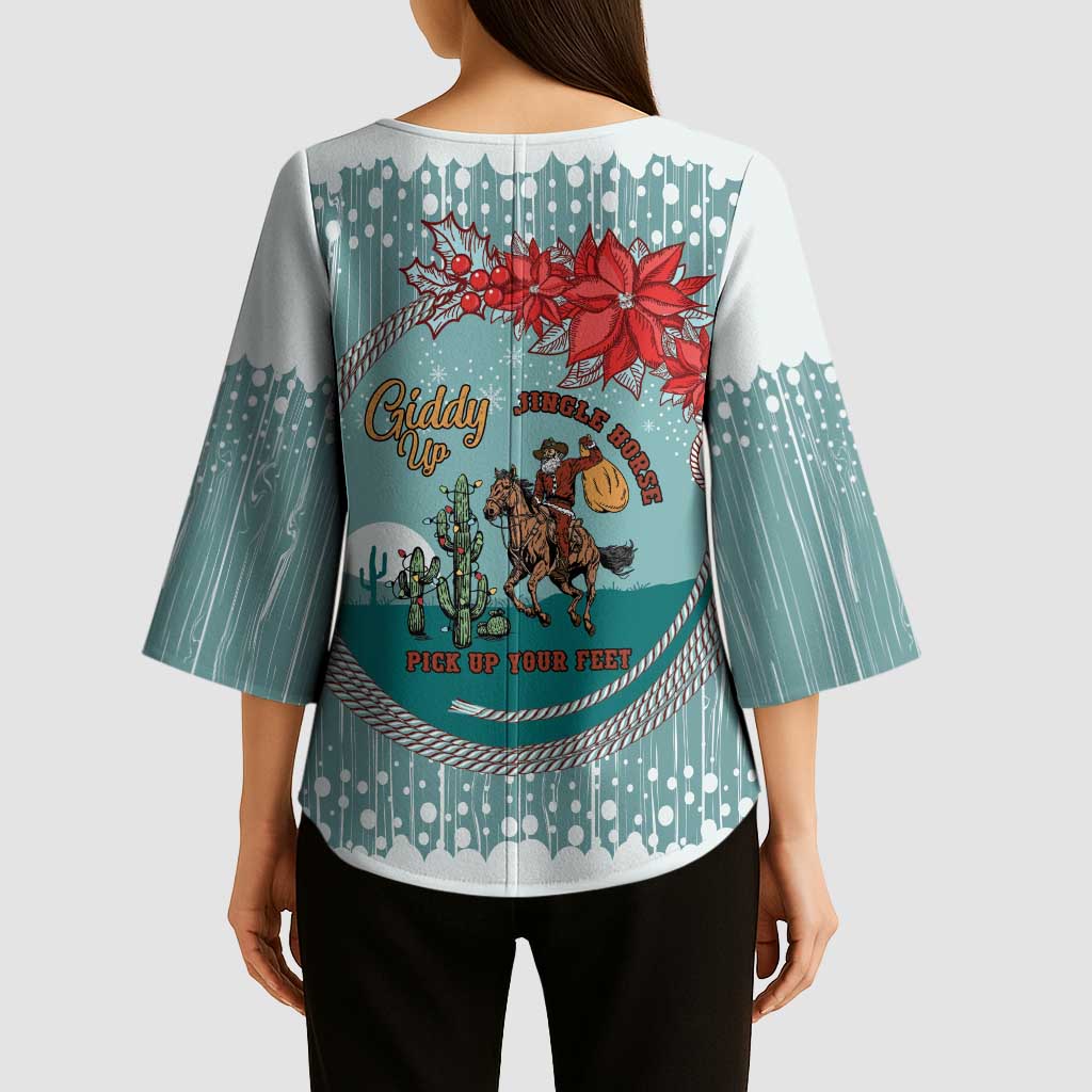 Cowboy Christmas Kimono Sleeve Blouse Giddy Up Jingle Horse Green Version - Wonder Print Shop