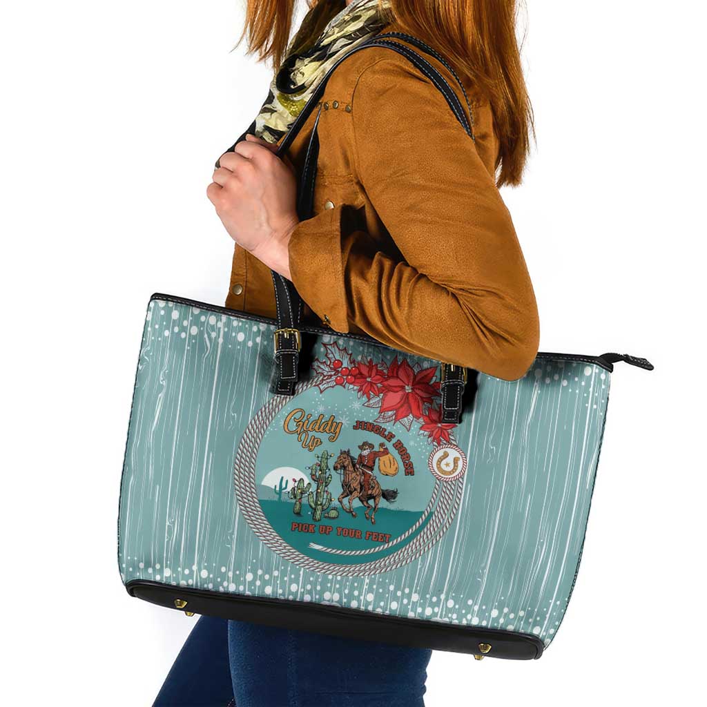 Cowboy Christmas Leather Tote Bag Giddy Up Jingle Horse Green Version - Wonder Print Shop