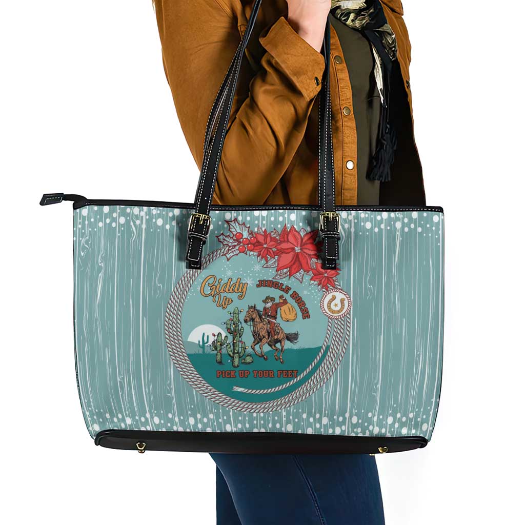 Cowboy Christmas Leather Tote Bag Giddy Up Jingle Horse Green Version - Wonder Print Shop