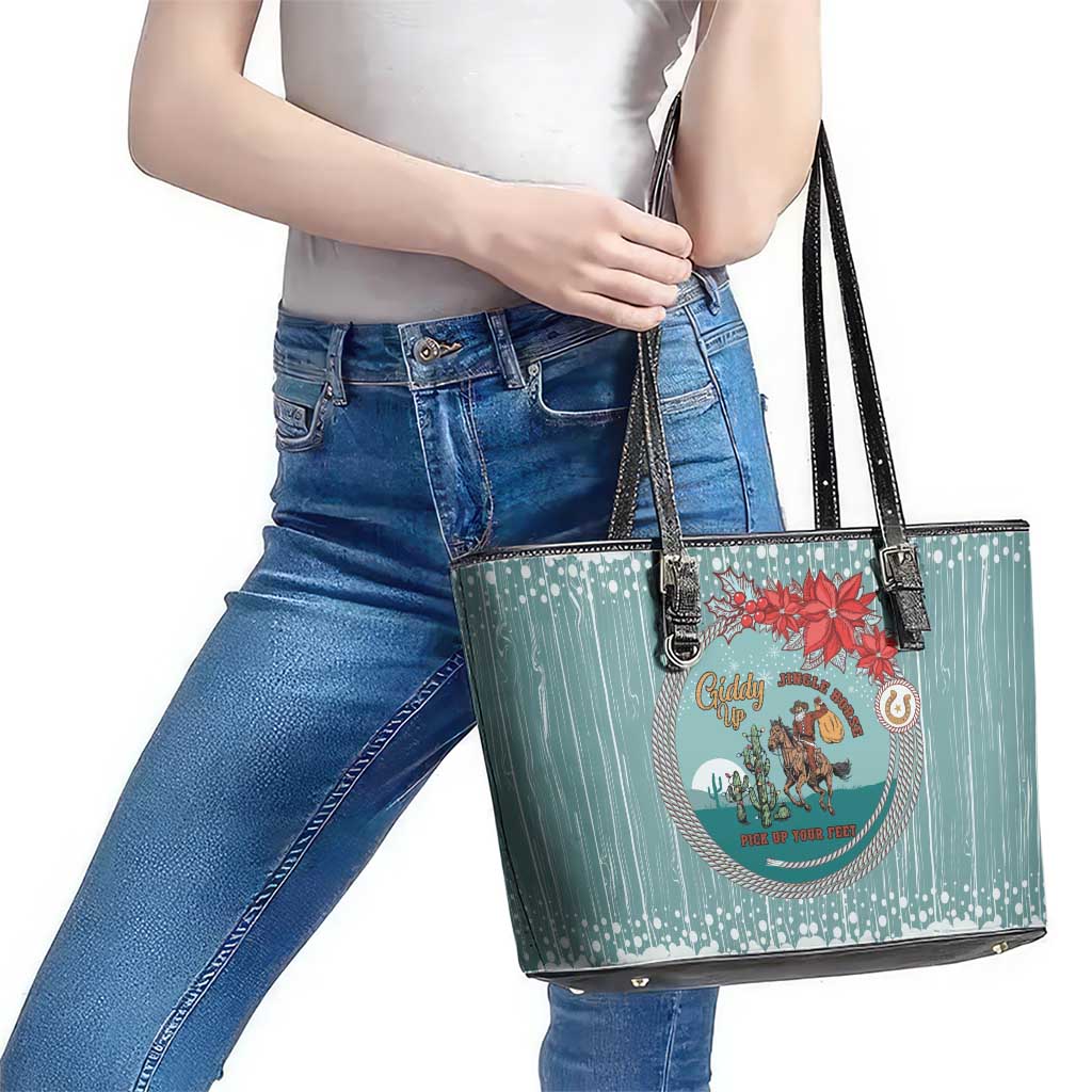Cowboy Christmas Leather Tote Bag Giddy Up Jingle Horse Green Version - Wonder Print Shop