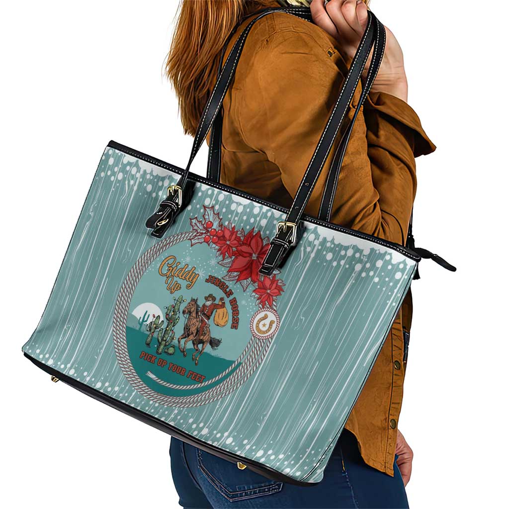 Cowboy Christmas Leather Tote Bag Giddy Up Jingle Horse Green Version - Wonder Print Shop